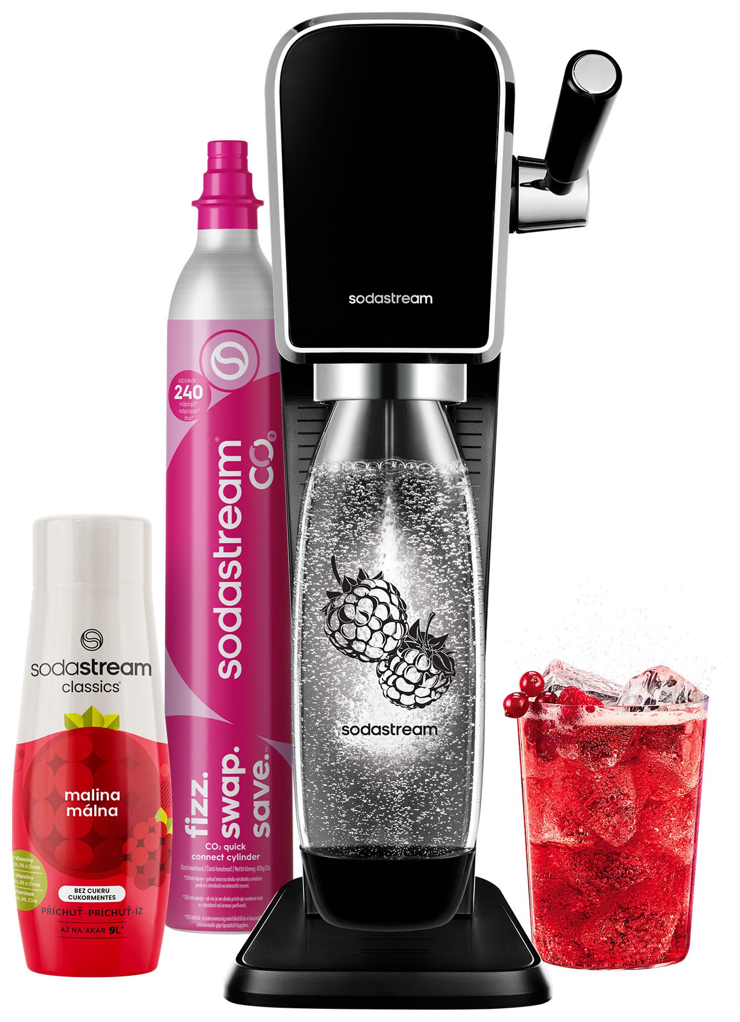 SODA STREAM SM ART Black Málna Zero Mpack szódagép málnás palackkal és szörppel