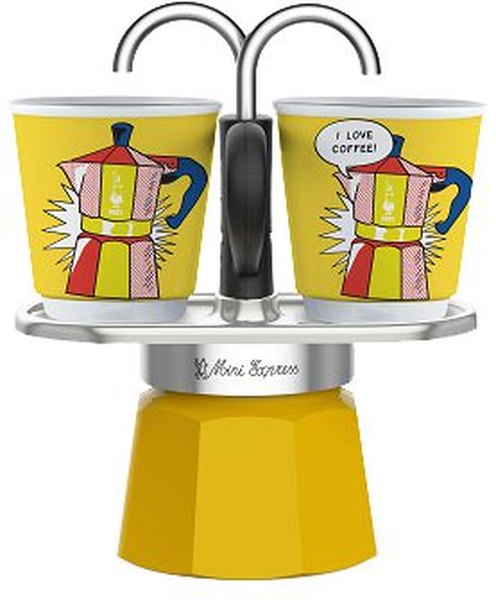 BIALETTI Mini Express Lichtenstein kotyogós kávéfőző szett 2 porceláncsészével