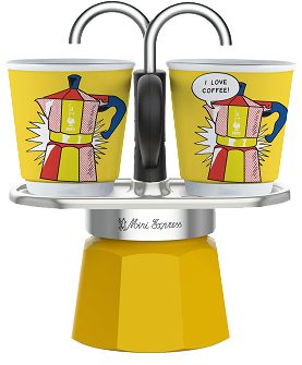 BIALETTI Mini Express Lichtenstein kotyogós kávéfőző szett 2 porceláncsészével