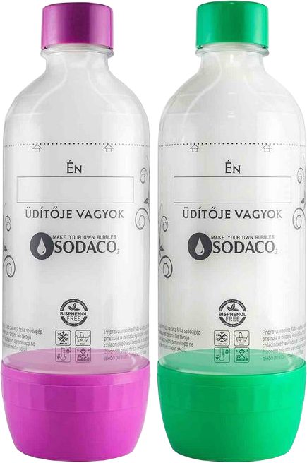 SODACO Flakonduo1 BPA-mentes szénsavasító flakon, 2 × 1 liter, lila és zöld