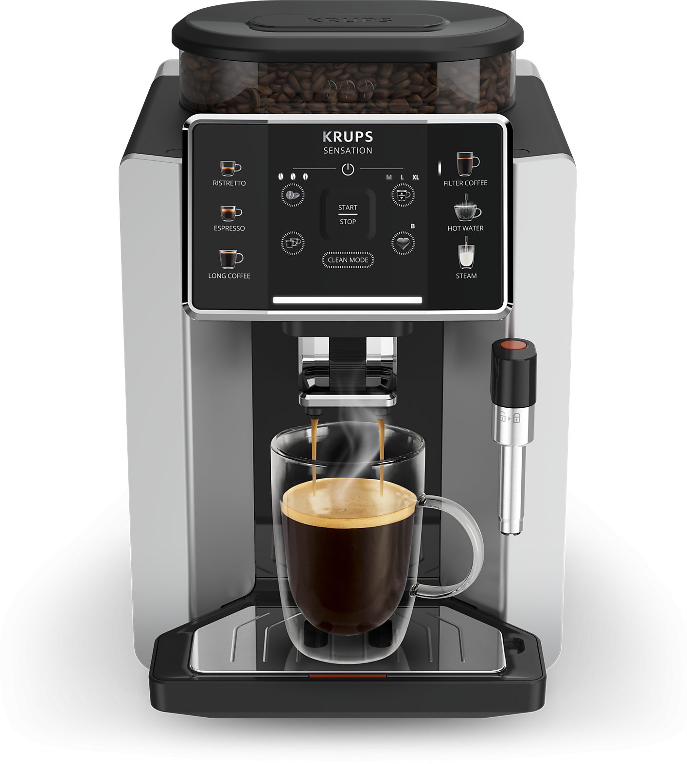 KRUPS EA910E10 Sensation automata eszpresszógép tejhabosítóval, ezüst-fekete