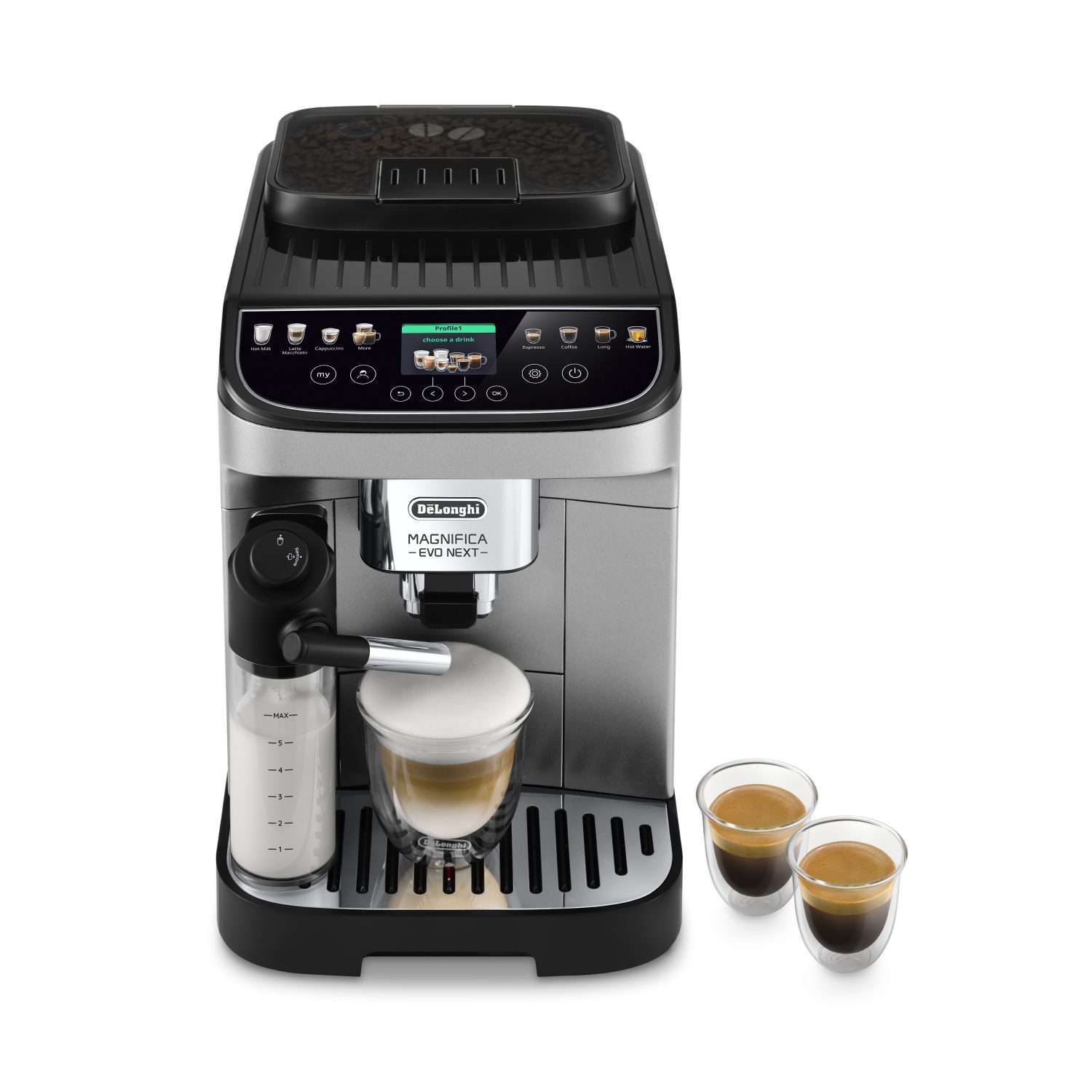 DE-LONGHI Magnifica Evo Next ECAM310.80.SB automata kávéfőző tejtartállyal, fekete-ezüst