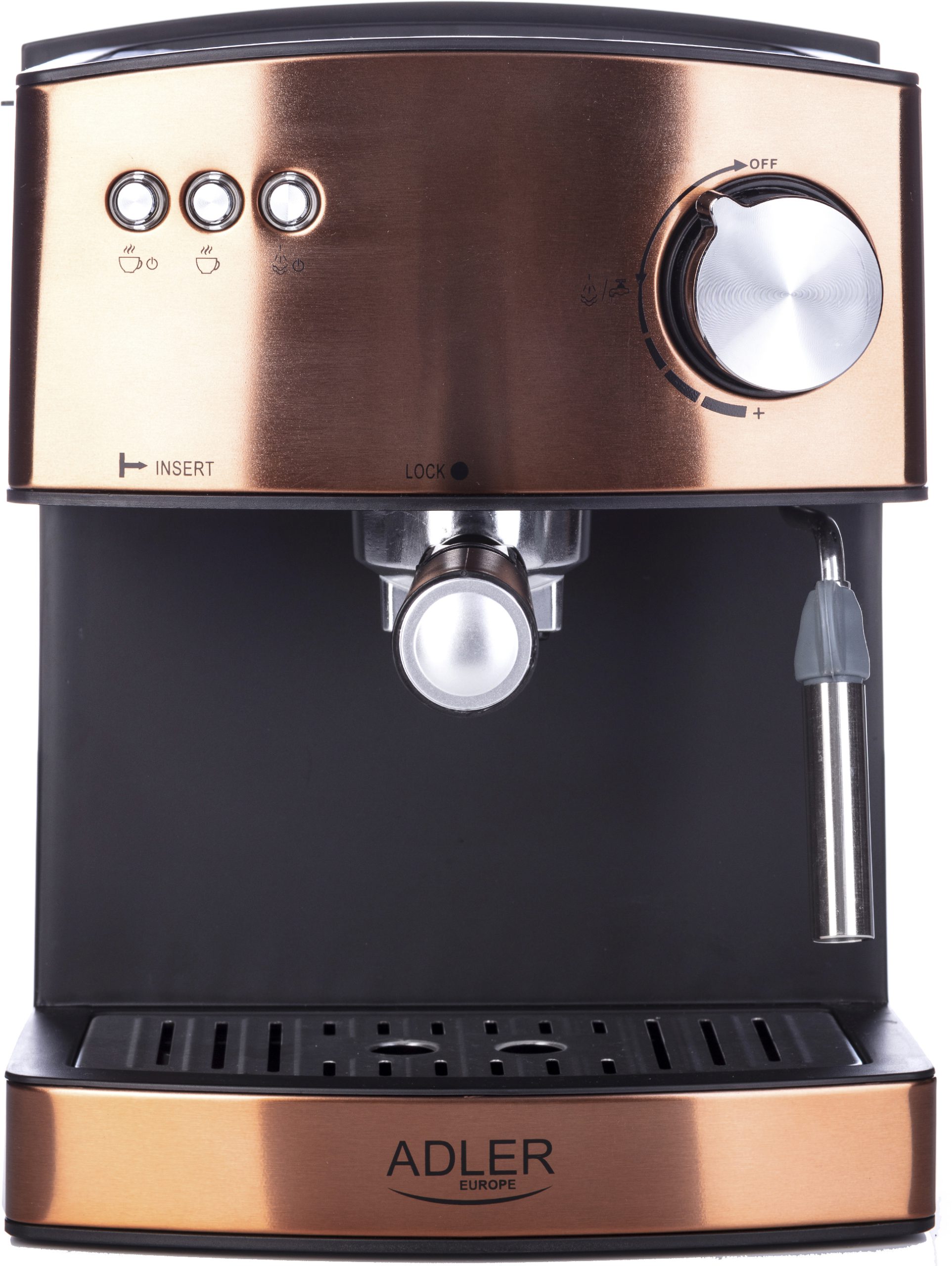 ADLER AD4404CR eszpresszó kávéfőző tejhabosítóval, 15 bar, 850 W, réz