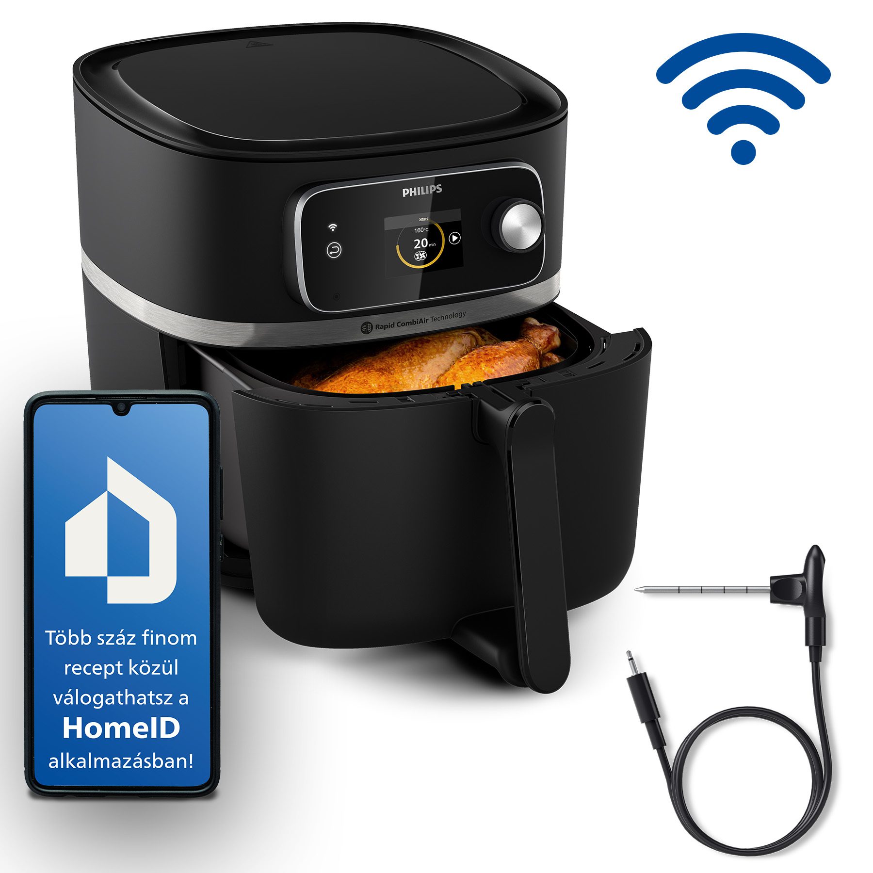 PHILIPS 7000 Series HD9880/90 8,3 literes Wi-Fi-s forrólevegős sütő húshőmérővel
