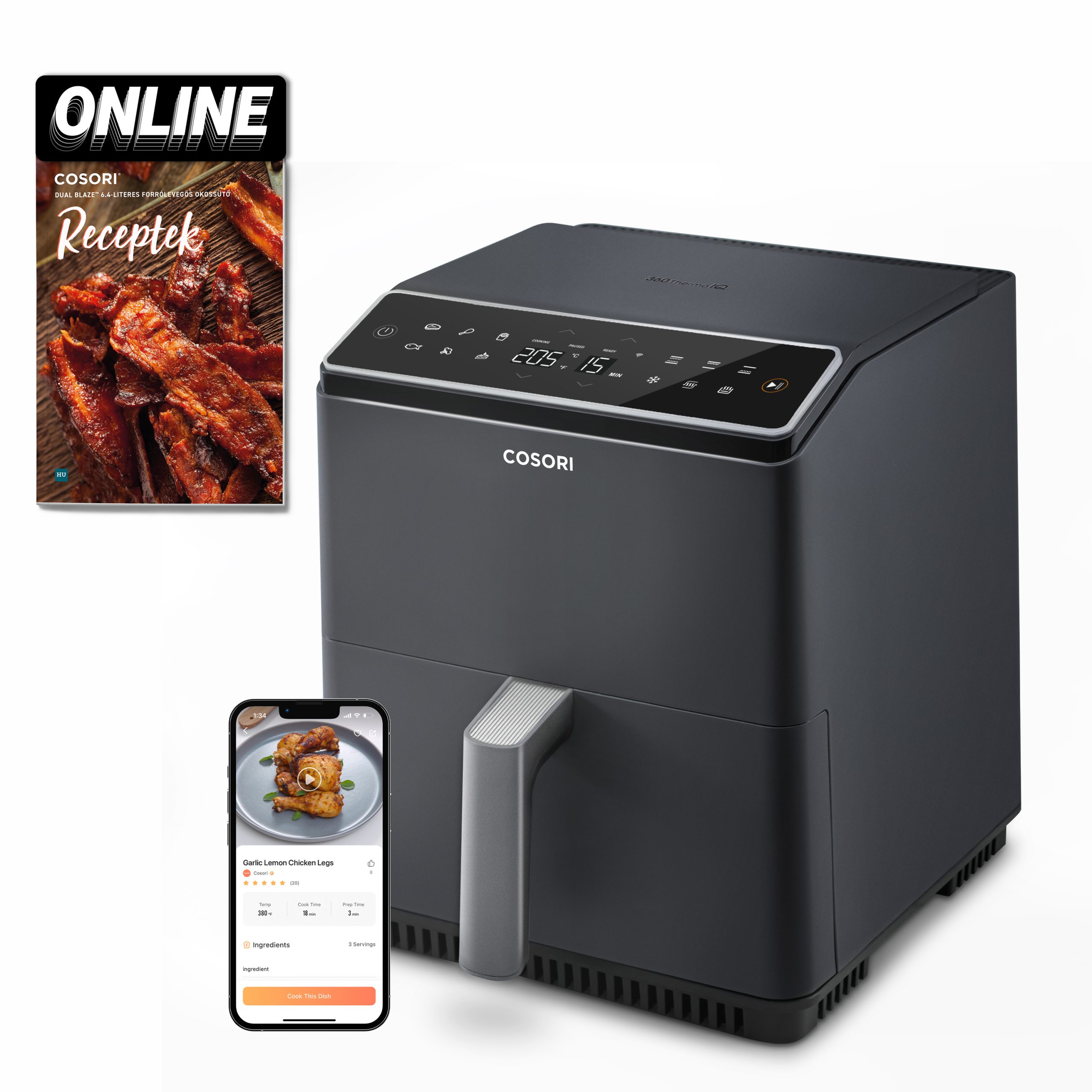 COSORI CAF-P681S-KEUR DualBlaze 6,4 literes okos forrólevegős sütő, 1700 W, sötétszürke