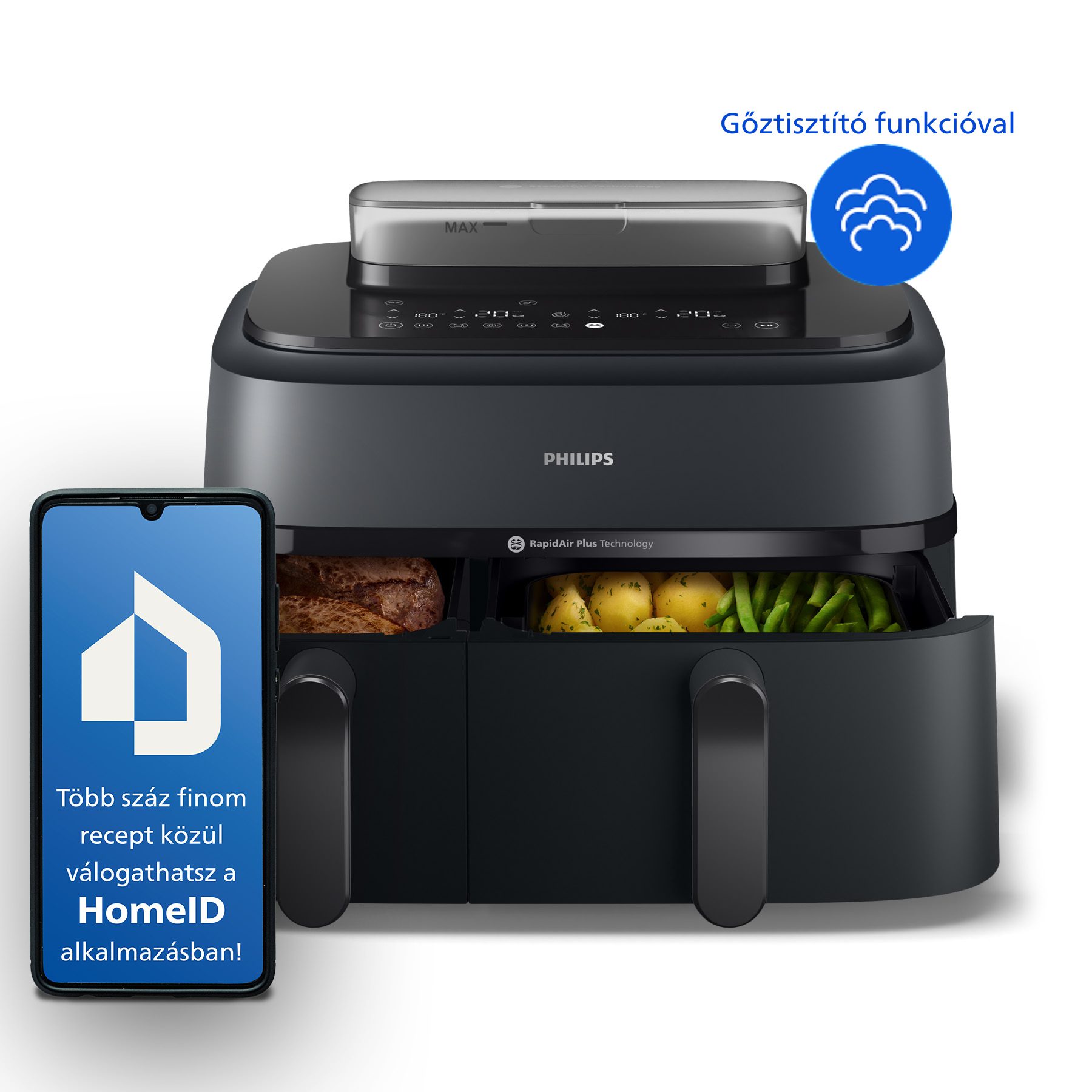 PHILIPS 5000 Series NA550/00 SteamFry+ 9 literes, dupla kosaras Airfryer gőzfunkcióval