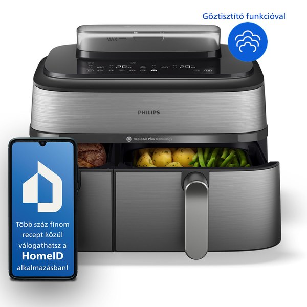 PHILIPS NA555/00 SteamFry+ Dual 9 literes, kétkosaras airfryer gőzsütéssel
