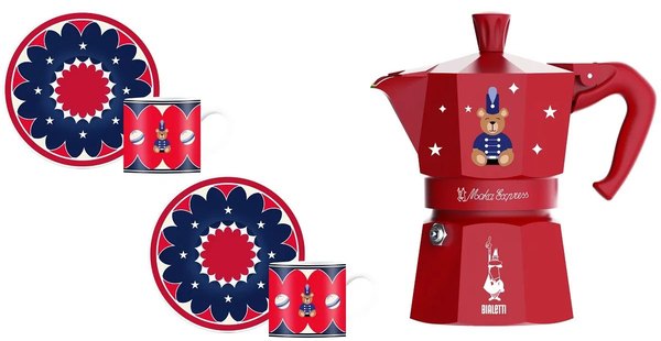 BIALETTI Moka Express GD25 3 adagos kotyogós kávéfőző porcelán csészeszettel, piros