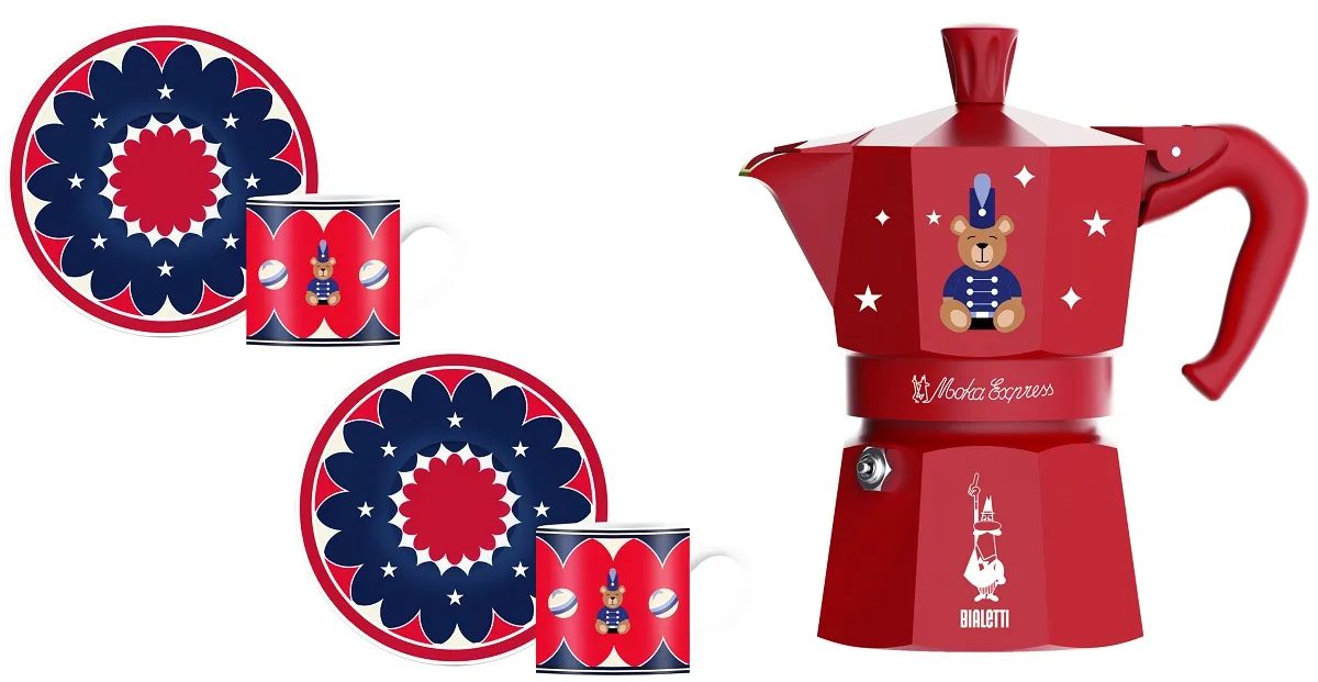 BIALETTI Moka Express GD25 3 adagos kotyogós kávéfőző porcelán csészeszettel, piros