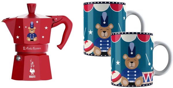 BIALETTI Moka Express GD25 6 adagos kotyogós kávéfőző 2 porcelán bögrével, piros
